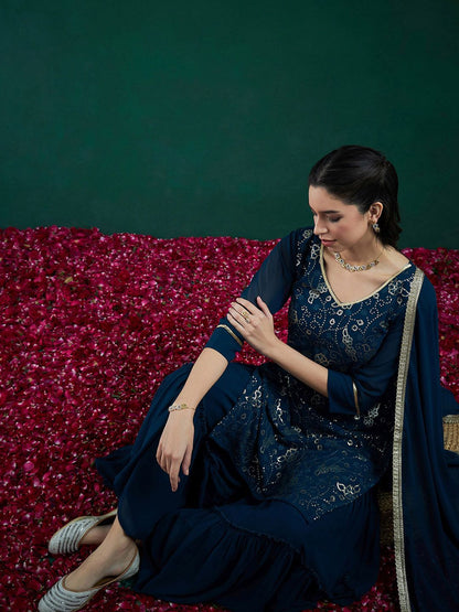 Indyancart IE Floral Embroidered Regular Sequinned Kurta With Sharara & Dupatta