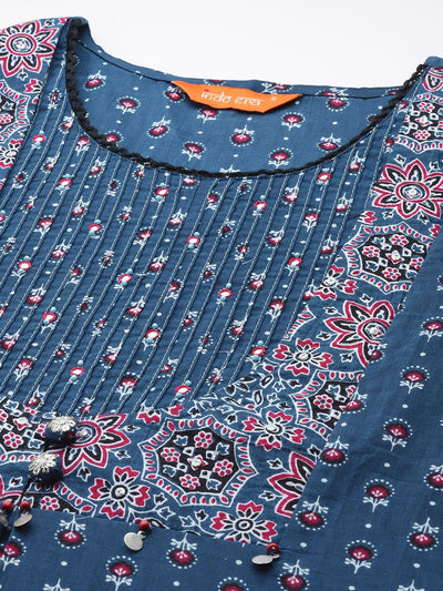 Dhiyona IE Ethnic Motifs Printed Mirror Work Pure Cotton Kurta with Trousers & With Dupatta