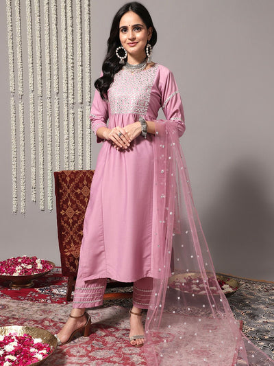 Indyancart VA Women's Pink & Silver-Toned Yoke Design Kurta with Palazzos & Dupatta