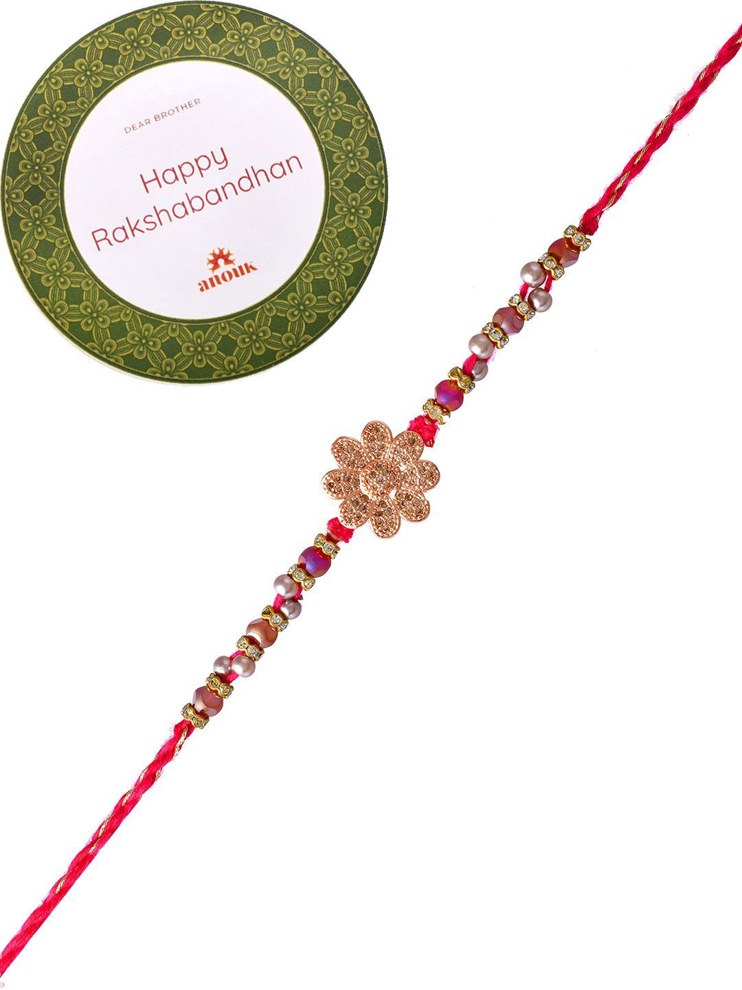 Anouk Gold Toned Beaded Floral Rakhi With Roli Chawal & Greeting Card