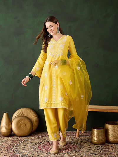 Indyancart SN Women's Yellow Floral Embroidered Sequined Straight Kurta With Trousers & Dupatta