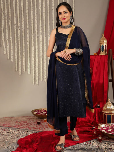 Indyancart VA Women'sWoven Design Shoulder Straps Anarkali Kurta & Trousers With Dupatta