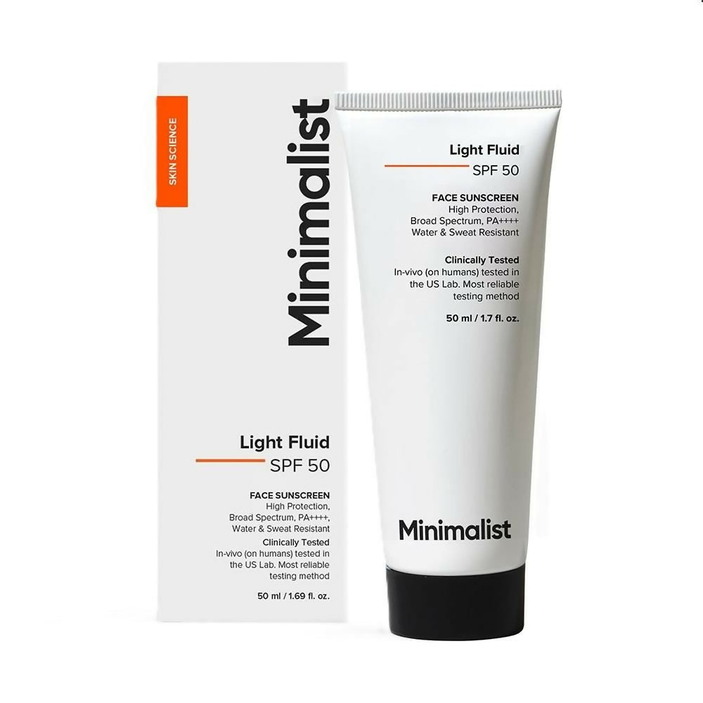 Minimalist lightweight fluid face sunscreen with SPF 50 PA++++, water and sweat resistant, shown in a sleek tube.