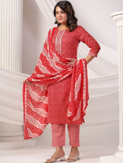 Indyancart IE Women Bandhani Printed Regular Thread Work Pure Cotton Kurta with Trousers & With Dupatta