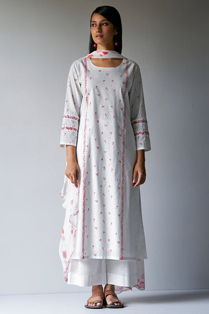 Women's White Bougainvillea Cotton Printed Salwar Suit With Embroidery and Lace Detailing on Sleeves