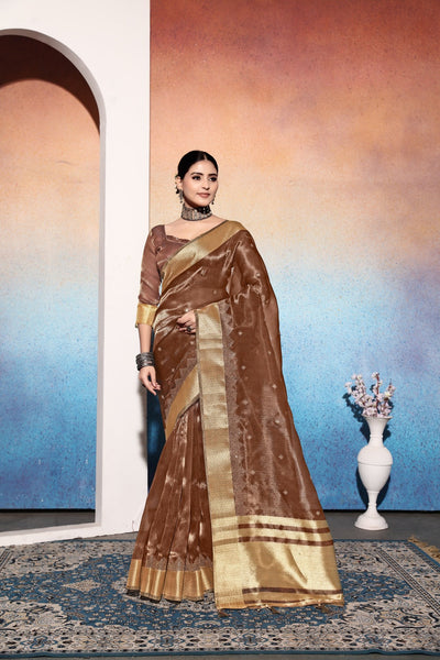 Indyancart GR Women's Kalki Brown Tissue Cotton Silk Saree