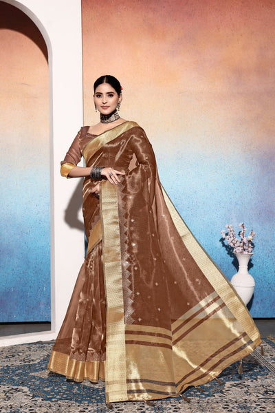 Indyancart GR Women's Kalki Brown Tissue Cotton Silk Saree
