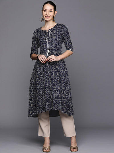 Indyancart IE Bandhani Foil Printed Tie-Up Neck Indigo Kurta