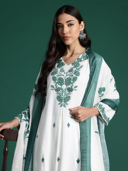 Indyancart IE Floral Embroidered Pleated Thread Work Pure Cotton Kurta Set