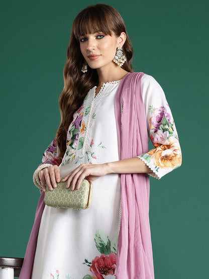 Indyancart IE Floral Printed Straight Beads and Stones Linen Kurta With Trousers And Dupatta