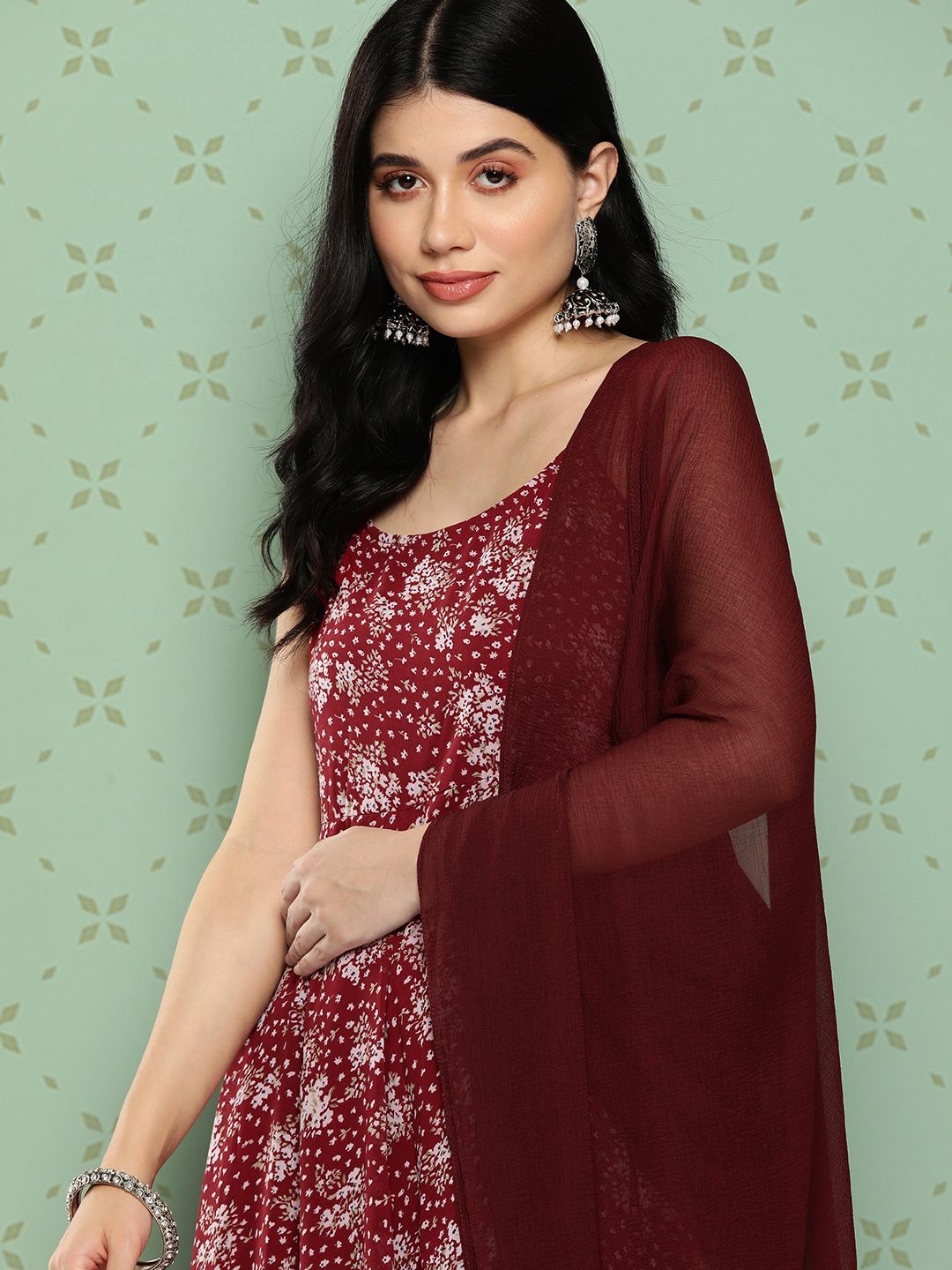 Indyancart VA Women's Floral Printed Panelled Silk Georgette Kurta with Palazzos & With Dupatta