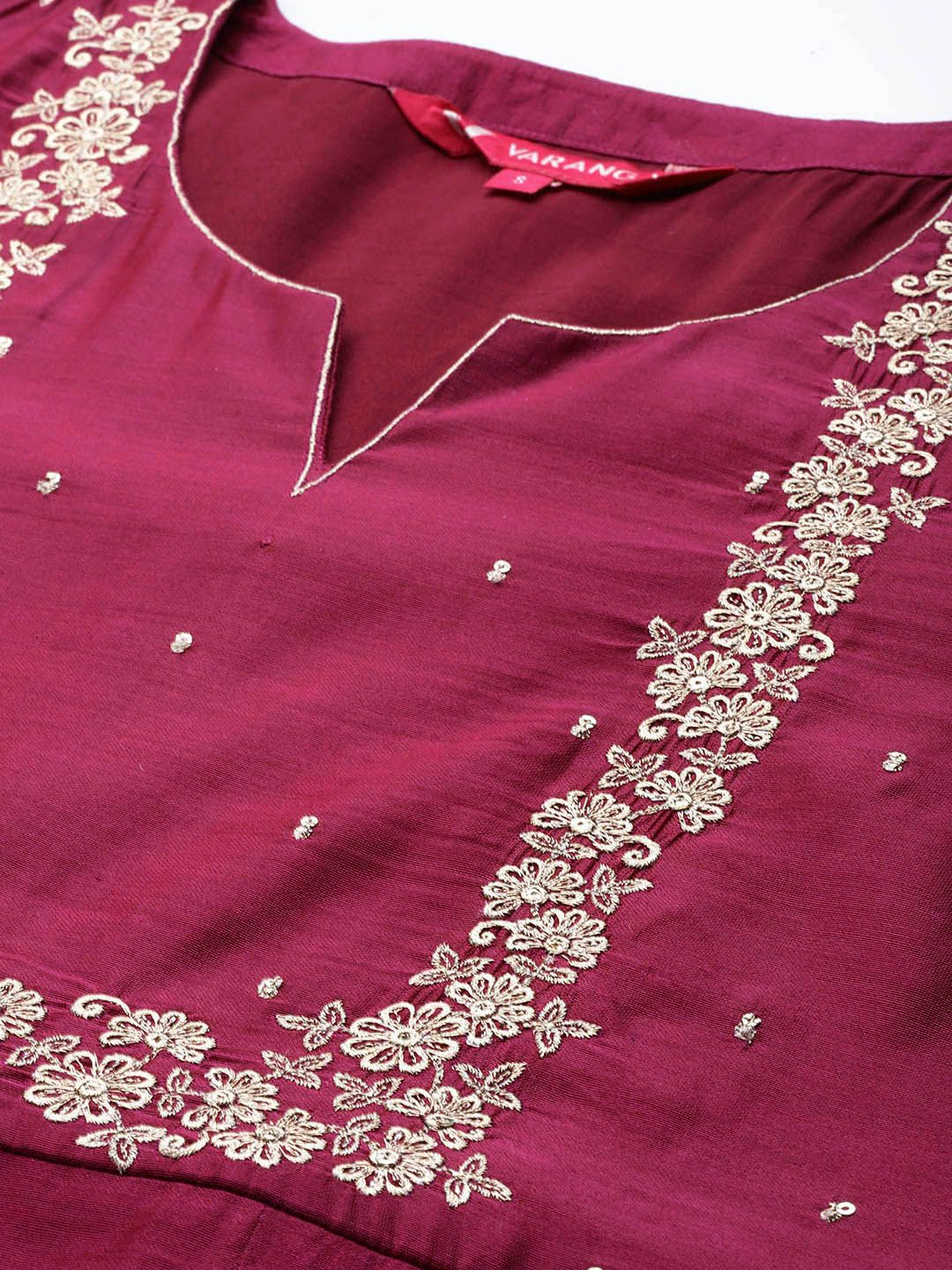 Indyancart VA Women's Yoke Design Sequinned Chanderi Silk Kurta With Trousers & Dupatta