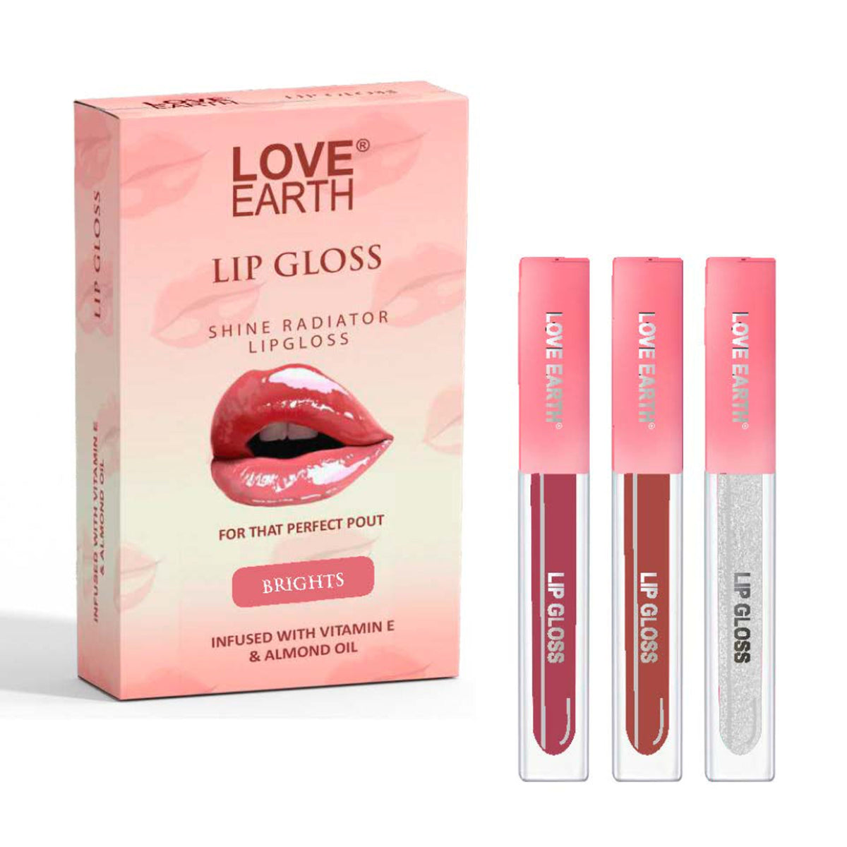 Bright Love Earth liquid lip gloss tube with vibrant pink and orange shades, showcasing the colorful packaging and applicator.