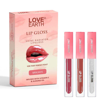 Bright Love Earth liquid lip gloss tube with vibrant pink and orange shades, showcasing the colorful packaging and applicator.