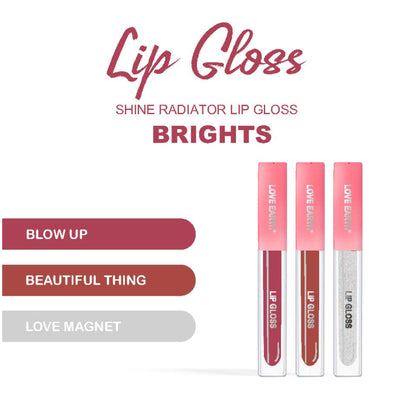 Bright Love Earth liquid lip gloss in vibrant shades, glossy finish, and smooth applicator, perfect for bold, colorful lips.
