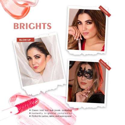 Love Earth Brights Liquid Lip Gloss in vibrant shades, featuring a sleek tube and applicator for a smooth, glossy finish.