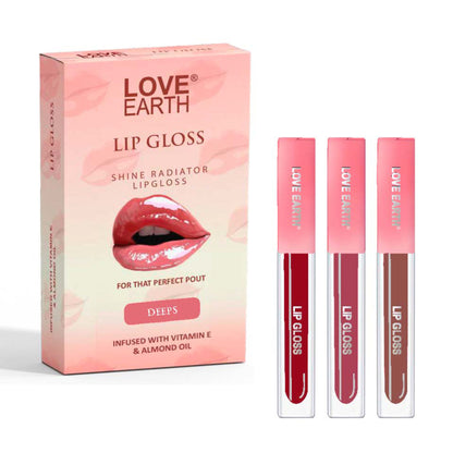 Love Earth liquid lip gloss in Deeps shade, featuring a sleek tube and applicator with rich, deep color for glossy lips.