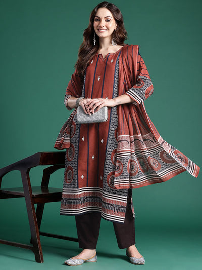 Indyancart IE Geometric Printed Pure Cotton Kurta with Trousers & Dupatta