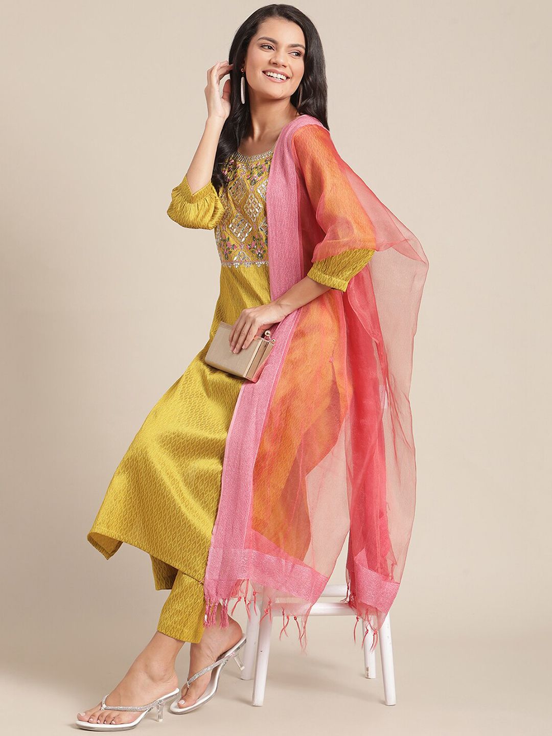 Indyancart VA Women's Mustard Yellow Embroidered Pure Silk Kurta with Trousers & With Dupatta