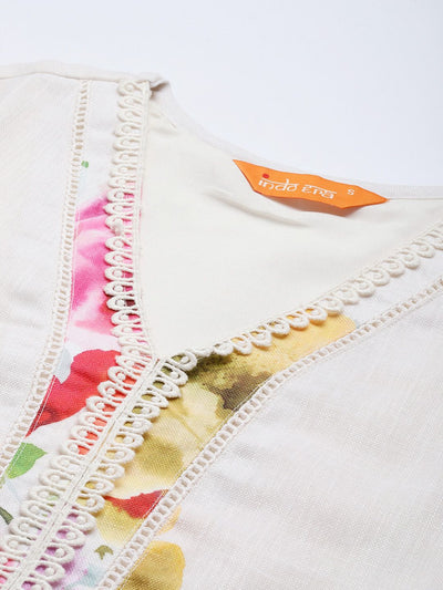 Indyancart IE Floral Printed Beads and Stones Linen Kurta with Trousers & With Dupatta