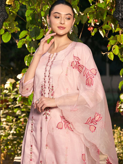 Indyancart IE Floral Embroidered Pure Cotton Straight Kurta With Trousers & Dupatta