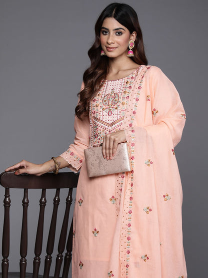 Indyancart VA Women'sFloral Embroidered Sequinned Pure Cotton Kurta with Trousers & Dupatta