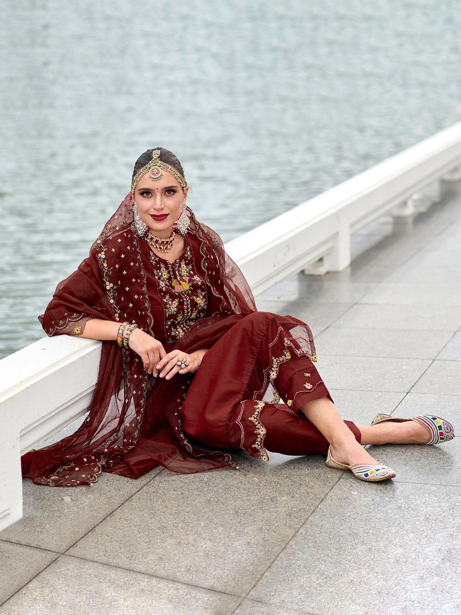 Maroon Floral Yoke Design Thread Work Straight Kurta & Trousers With Dupatta