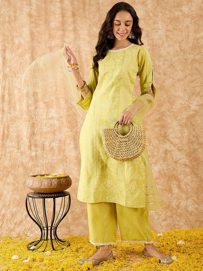 Dhiyona IE Floral Printed Straight Liva Kurta with Palazzo & Dupatta