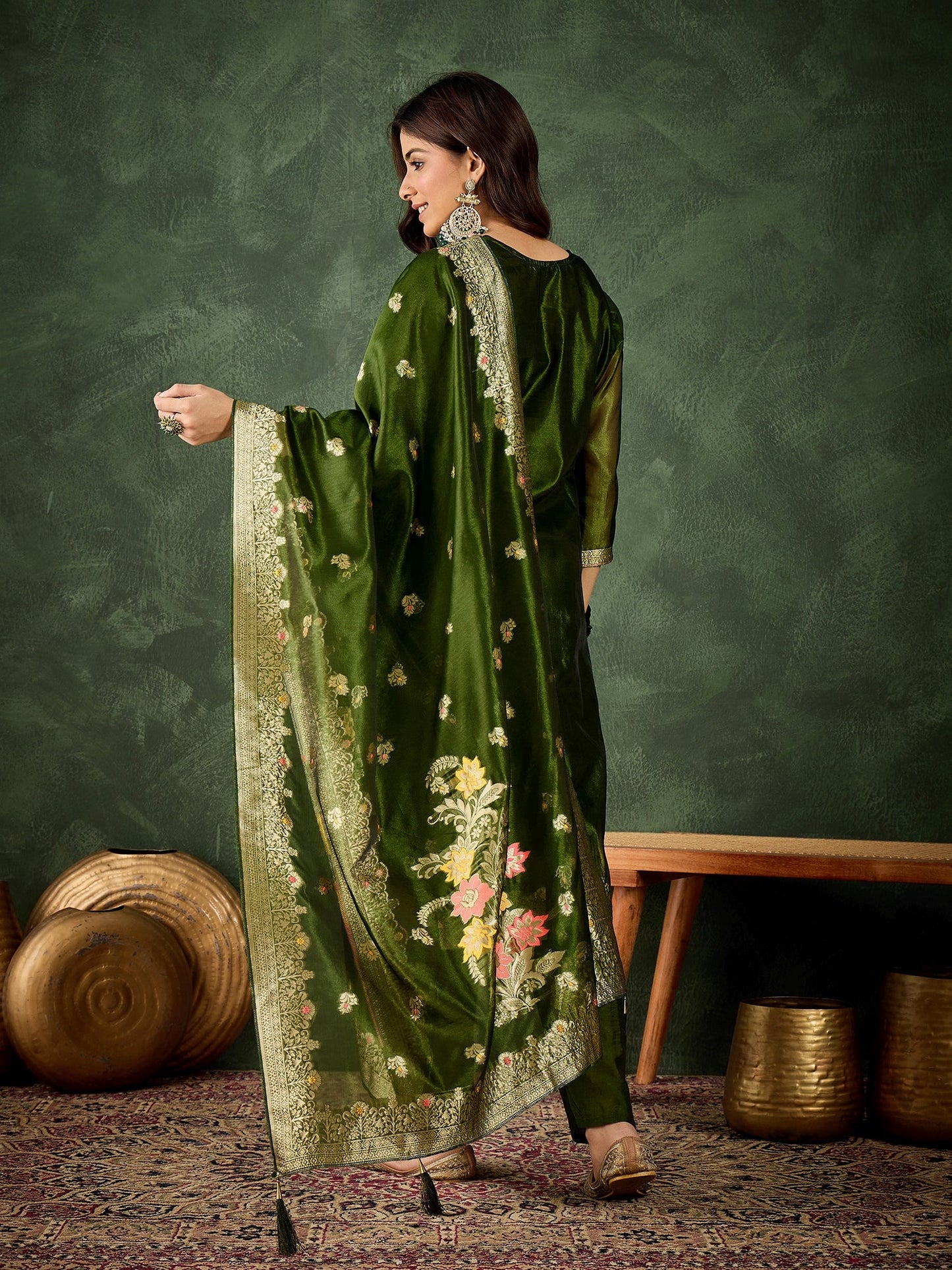 Dhiyona VV Eshanvi mehndi Embroidered Silk Blend Organza Meenakari Straight Suits With Dupatta
