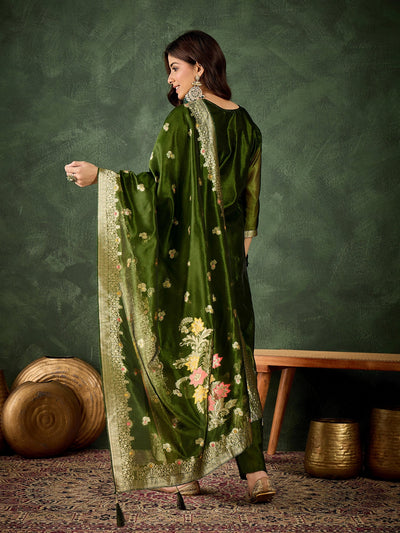 Indyancart VV Eshanvi mehndi Embroidered Silk Blend Organza Meenakari Straight Suits With Dupatta
