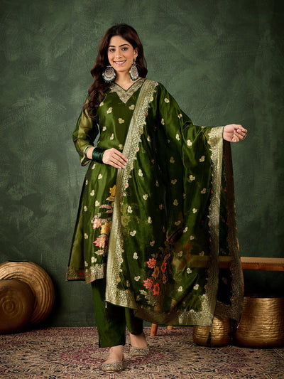 Indyancart VV Eshanvi mehndi Embroidered Silk Blend Organza Meenakari Straight Suits With Dupatta
