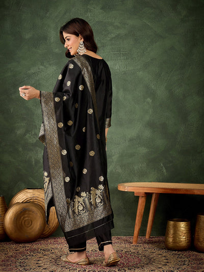 Indyancart VV Payal Women's Silk Blend Banarasi Jacquard Zari Woven Straight Kurta Pant with Dupatta Set