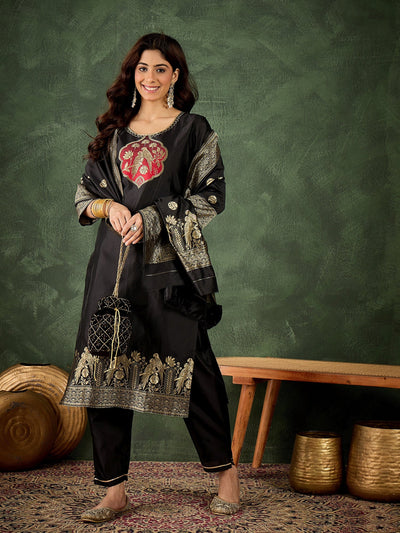 Indyancart VV Payal Women's Silk Blend Banarasi Jacquard Zari Woven Straight Kurta Pant with Dupatta Set