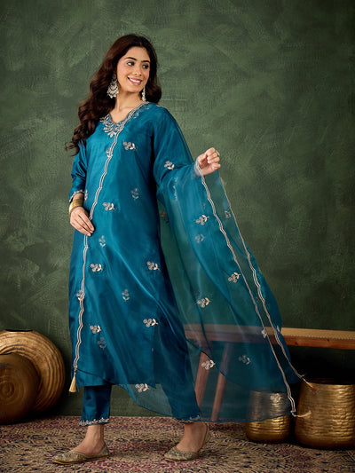 Indyancart VV Jhilmil Women Kurta and Pant Dupatta Sets Silk Blend Fabrics with Embroidery