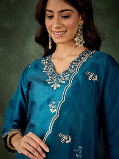 Indyancart VV Jhilmil Women Kurta and Pant Dupatta Sets Silk Blend Fabrics with Embroidery