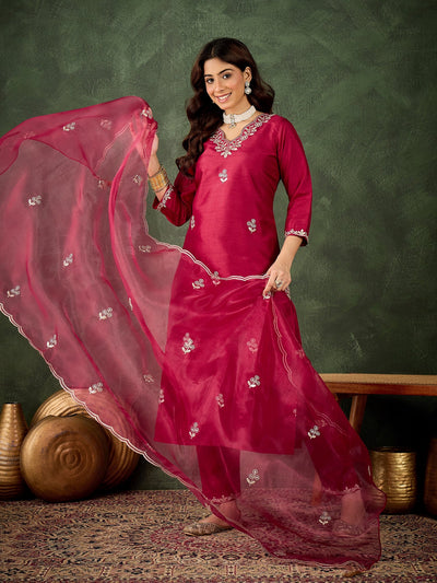 Indyancart VV Iraaya Red Women Kurta and Pant Dupatta Sets Silk Blend Fabrics with Embroidery