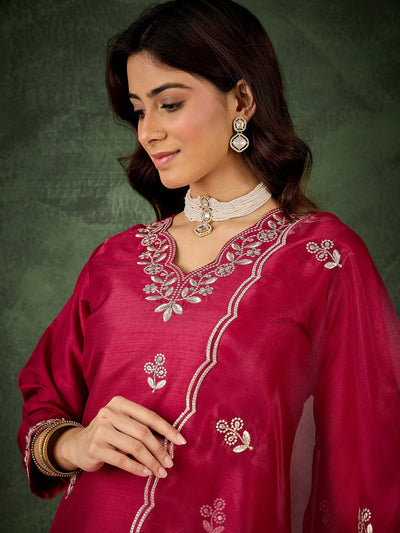 Indyancart VV Iraaya Red Women Kurta and Pant Dupatta Sets Silk Blend Fabrics with Embroidery