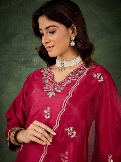 Dhiyona VV Iraaya Red Women Kurta and Pant Dupatta Sets Silk Blend Fabrics with Embroidery