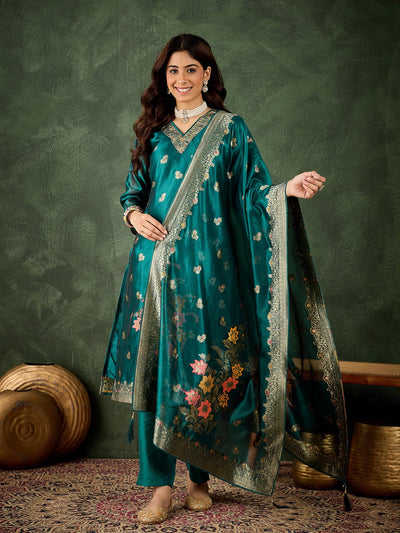 Indyancart VV Eshanvi rama Embroidered Silk Blend Organza Meenakari Straight Suits With Dupatta