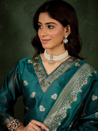 Indyancart VV Eshanvi rama Embroidered Silk Blend Organza Meenakari Straight Suits With Dupatta