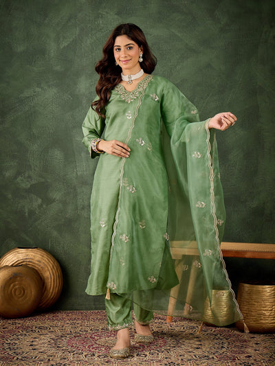 Indyancart VV Qaushi Women Kurta and Pant Dupatta Sets Silk Blend Fabrics with Embroidery