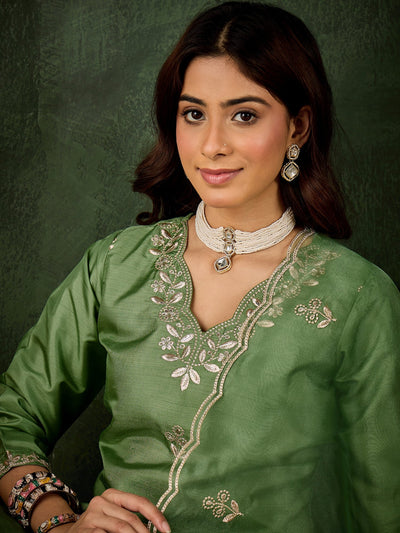 Indyancart VV Qaushi Women Kurta and Pant Dupatta Sets Silk Blend Fabrics with Embroidery