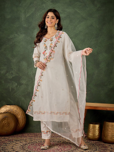 Indyancart VV Ravina White Women Floral Embroidered Regular Kurta with Trousers & Dupatta Suit Sets