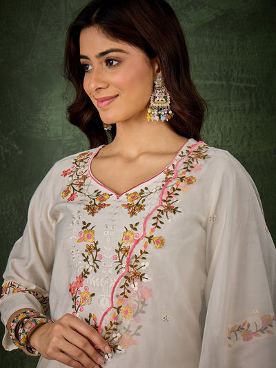Indyancart VV Ravina White Women Floral Embroidered Regular Kurta with Trousers & Dupatta Suit Sets