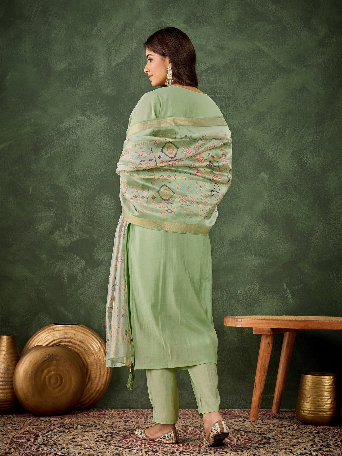 Dhiyona VV Sashi Women's Embroidered Sea Green Silk Blend Straight Suit Set with Dupatta