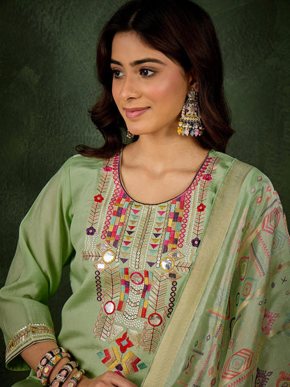 Dhiyona VV Sashi Women's Embroidered Sea Green Silk Blend Straight Suit Set with Dupatta