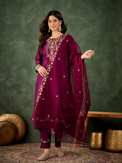 Indyancart VV Sakshi Purple Women Floral Embroidered Regular Kurta with Trousers & With Dupatta