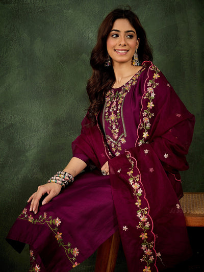 Indyancart VV Sakshi Purple Women Floral Embroidered Regular Kurta with Trousers & With Dupatta