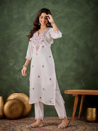 Dhiyona VV Vrinda Women's Silk Blend Embroidered Straight Kurta & Pant Set