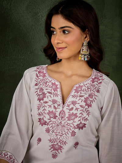 Indyancart VV Vrinda Women's Silk Blend Embroidered Straight Kurta & Pant Set